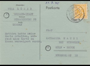 BiZone: Postkarte 1945 von Brilon-Stadt nach Köln-Brück