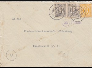 Brief aus Hude/Oldenburg nach Oldenburg 1945, Marke beschädigt
