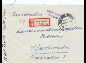 Einschreiben Bühl 1946, Gebühr bezahlt nach Karlsruhe