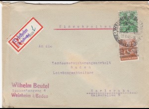 Einschreiben Weinheim/Bergstraße nach Karlsruhe 1948
