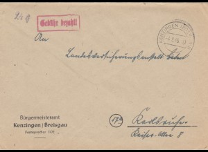 Brief 1946 von Kenzingen/Breisgau, Gebühr bezahlt, nach Karlsruhe