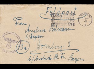 Feldpost Stralsund 1944 nach Dornsberg /Ansbach mit Briefinhalt, WHW 10 Jahre