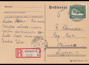 Einschreiben Postkarte Stuttgart Juli 1938 nach Weimar
