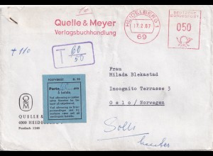 1967: Quelle&Meyer Verlag Heidelbergnach Oslo, Nachporto rückseitig frankiert
