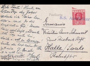 Postkarte West Afrika, Schiffspost S.S. Amstelkerk (1920-1953), nach Halle