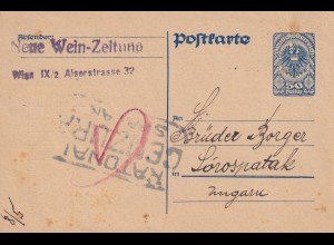 Postkarte 1920 Neue Wein Zeitung nach Ungarn, Zensur