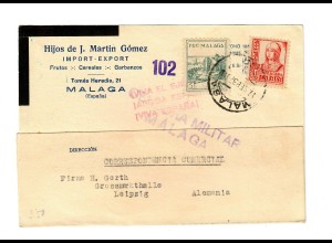 Post card Malaga 1937, censorship. offer fruits to Leipzig