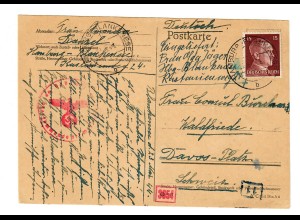 Postkarte 1944 Hamburg nach Davos, Schweiz, Zensur