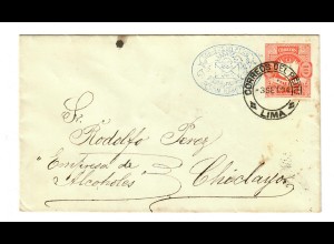 Ganzsache von Lima nach Chiclayo, kleines Nadelloch links der Wertziffer, 1894