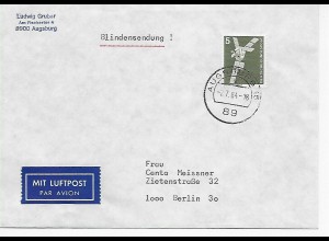 Luftpostbrief: Blindensendung von Augsburg 1984 nach Berlin