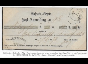 Aufgabe Schein für Postanweisung, Kitzingen 1875.