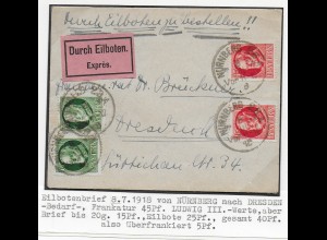 Eilbotenbrief 1918 von Nürnberg nach Dresden.