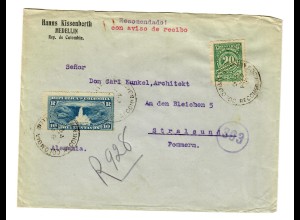 Einschreiben Medellin nach Stralsund, 1922
