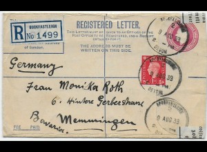 Registered Buckfastleigh, 11.8.1939 nach Memmingen, Devisenüberwachung München