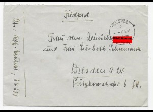 Feldpostbrief FPNr. 34685 nach Dresden mit Feldpostzensur 1941