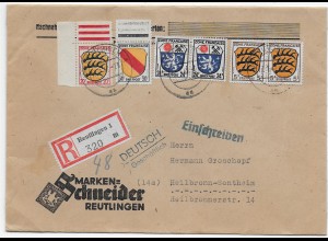 Einschreiben Reutlingen 1947 nach Heilbronn-Sontheim