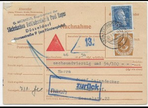 Nachnahme Paketkarte Düsseldorf 1952 nach Ahlen/Westfalen, Bettfedernfabrik