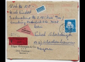Wertbrief Nachnahme Hamburg 1953 nach Schwabenhausen