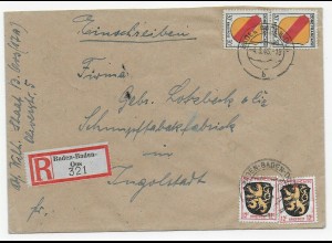 Einschreiben Baden-Baden 1946 nach Ingolstadt, Schnupftabakfabrik