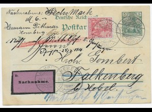 Ganzsache als Nachnahme von Homberg nach Falkenberg/Hebel und Weiterleitung 1901