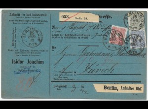 Paketkarte Berlin nach Zürich, 1887