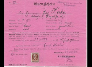 Früher Grenzschein, von München Grenzschutzkommando Mittenwald 1918, Österreich