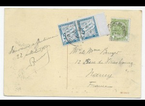 Post card Brugs to Nancy, Taxe, 1910