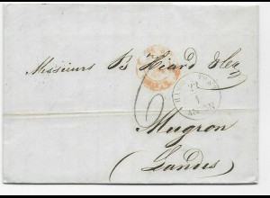 Hamburg: Brief 1866 nach Mugron, Frankreich, seltener T&T Stempel