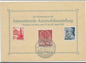 Bund: MiNr. 71, Sonderkarte 1951 Automobil Ausstellung, Frankfurt