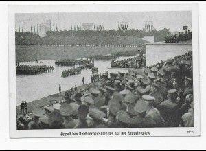 Postkarte Appell Reichsarbeitsdienst auf der Zeppelinwiese, Stempel Asch 1938