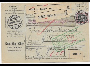 Paketkarte Cöln für 3 Pakete, 1913, Marke mit Firmenlochung Perfin, nach Basel
