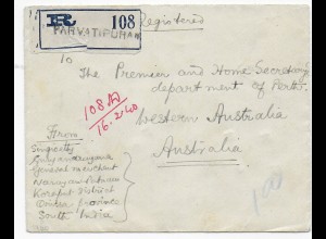 Einschreiben Parvatipuran 1940 to Australia