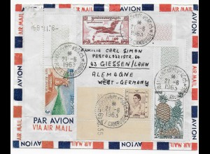 Air Mail Kambodscha 1963 nach Gießen: Motiv Ananas, Vogel