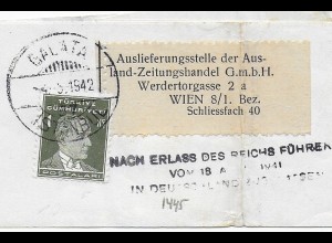 Zeitungs-Streifband Galata 1942 nach Wien: In Deutschland zurückgewiesen