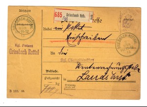 Postamt Paketkarte Griesbach im Rotthal, 1913 an die OPD Landshut