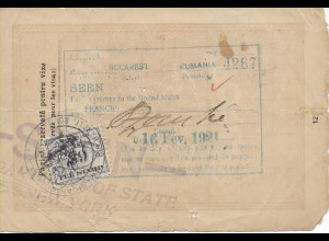 Bukarest: Reisepass über Frankreich nach USA, 1921