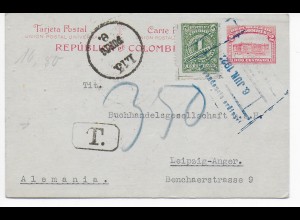 Postkarte Medellin, 1922 nach Leipzig, Taxe