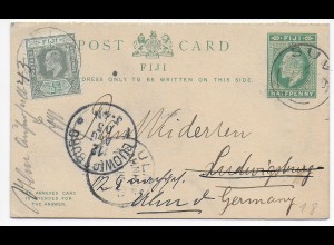 post card Fiji Suva 1905 to Ludwigsburg, forwarded to Ulm with Answer card