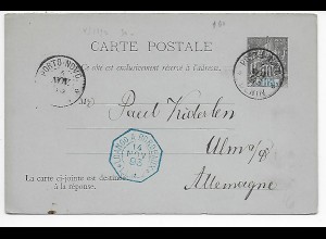 Franz. Kolonie Benin, Doppelkarte 1893 nach Ulm über Loango Bordeaux