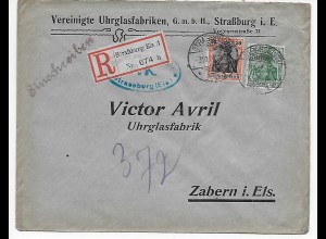 Straßburg Einschreiben Uhrglasfabrik nach Zabern, 1917