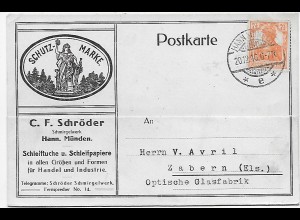 Hannover-Münden, Postkarte 1916 Schleifpapiere nach Zabern/Els.