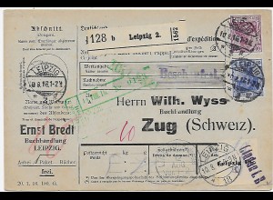 Paketkarte Leipzig nach Zug/CH - Eindruck, 11.8.1916, Beschaufrei, über Lindau