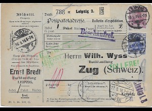 Paketkarte Leipzig, Zollfrei über Lindau nach Zug, 1916, Beschaufrei