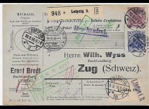 Paketkarte Buchhandlung Leipzig 1916 nach Zug über Lindau, zollfrei - Revidiert
