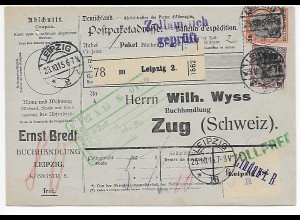 Paketkarte Buchhandlung Leipzig 1916 nach Zug über Lindau, Zollamtl. geprüft