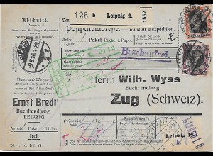 Paketkarte Buchhandlung Leipzig nach Zug 1916 über Lindau, Beschaufrei