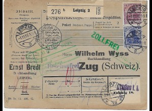 Paketkarte Buchhandlung Leipzig nach Zug 1916 zollfrei über Lindau