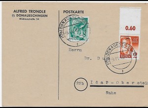 Postkarte Donaueschingen 1948 nach Idar-Oberstein