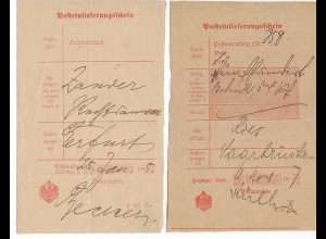 2x Posteinlieferungsschein Mühlhausen, Hayingen nach Erfurt/Saarbrücken, 1905/07