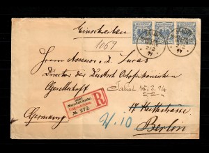 Marschall-Inseln 1890/1900 waagr. 3er Streifen, R-Brief Jaluit nach Berlin